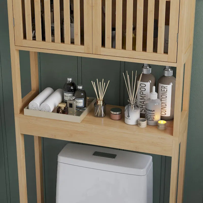 Over-Toilet Storage Cabinet with Slatted Doors & Adjustable Shelf, Natural Bamboo, Modern Style