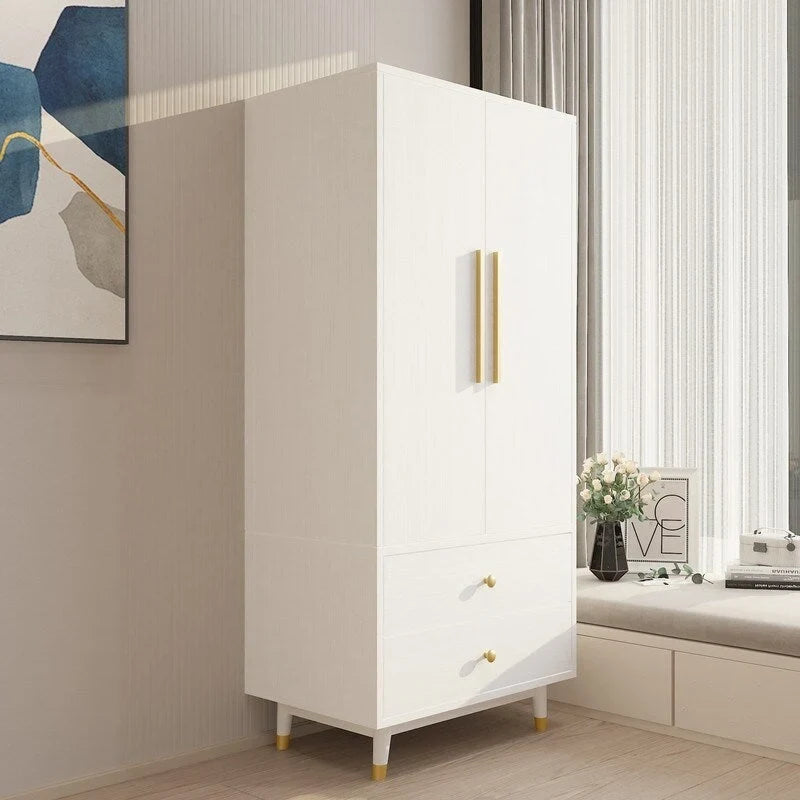 2-Door 2-Drawer Wooden Wardrobe with Hanging Rod, Antique White / Brown, Classic Style
