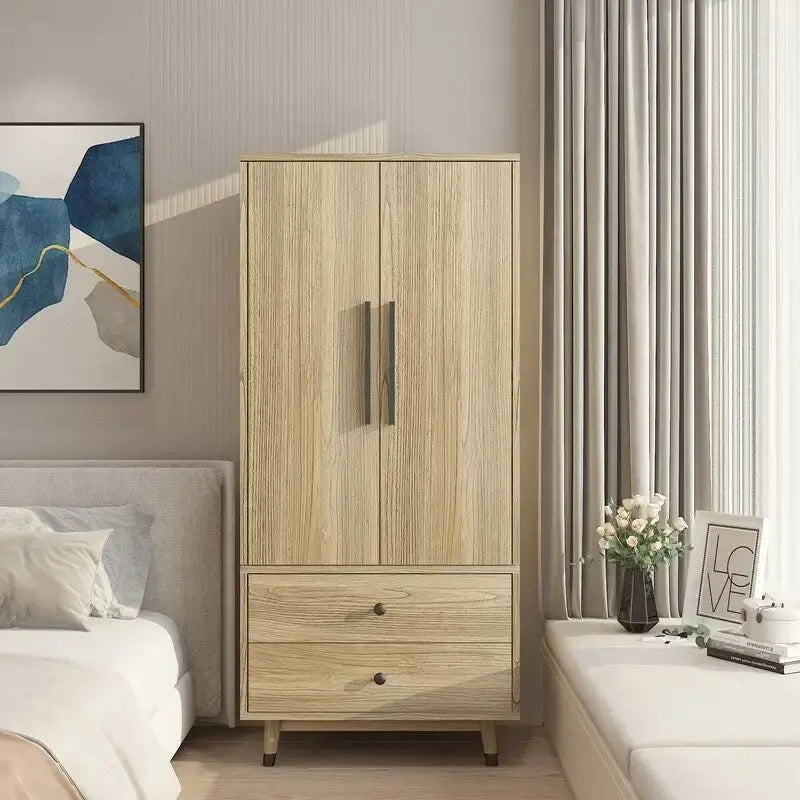 2-Door 2-Drawer Wooden Wardrobe with Hanging Rod, Antique White / Brown, Classic Style