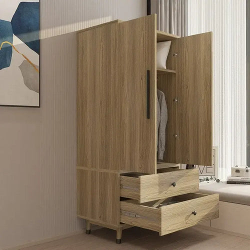2-Door 2-Drawer Wooden Wardrobe with Hanging Rod, Antique White / Brown, Classic Style