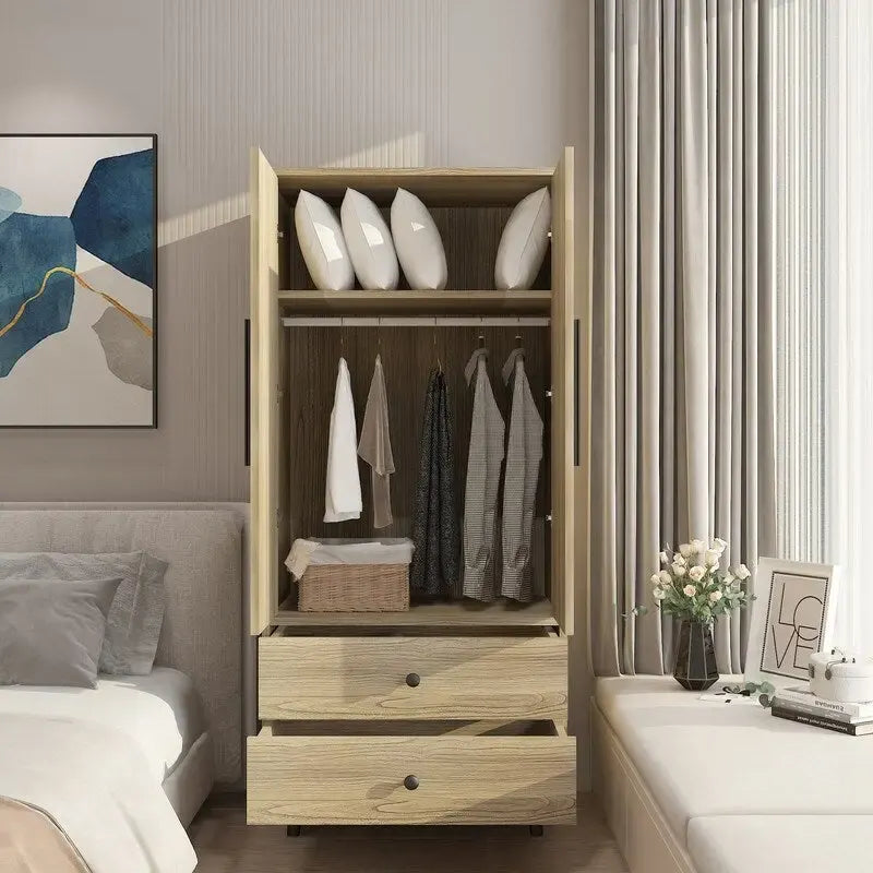 2-Door 2-Drawer Wooden Wardrobe with Hanging Rod, Antique White / Brown, Classic Style
