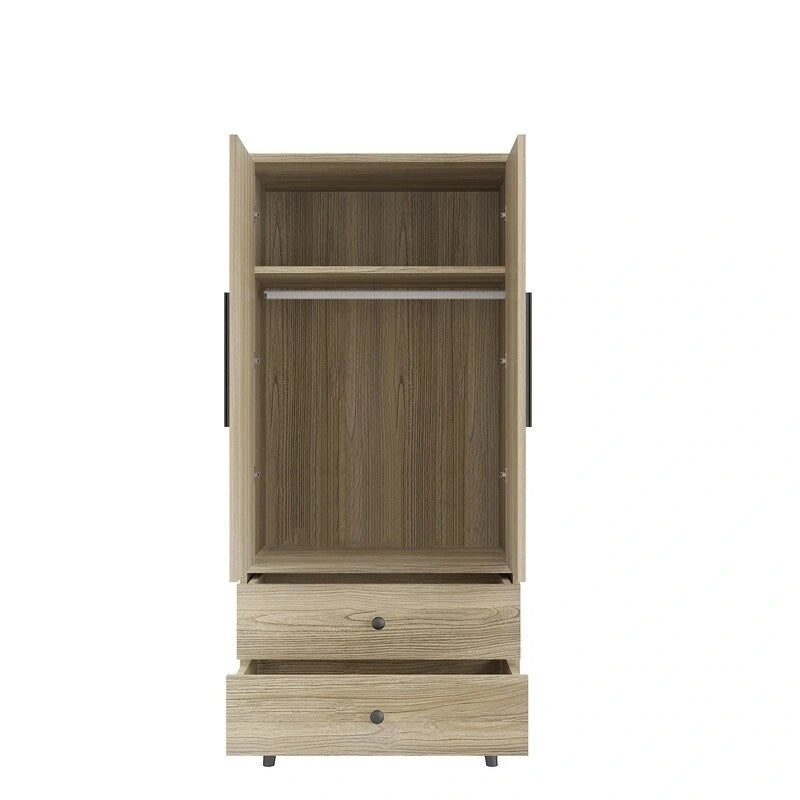 2-Door 2-Drawer Wooden Wardrobe with Hanging Rod, Antique White / Brown, Classic Style