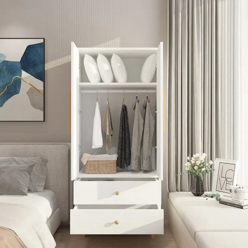 2-Door 2-Drawer Wooden Wardrobe with Hanging Rod, Antique White / Brown, Classic Style