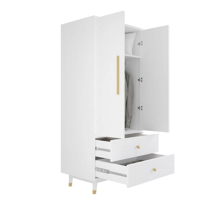 2-Door 2-Drawer Wooden Wardrobe with Hanging Rod, Antique White / Brown, Classic Style