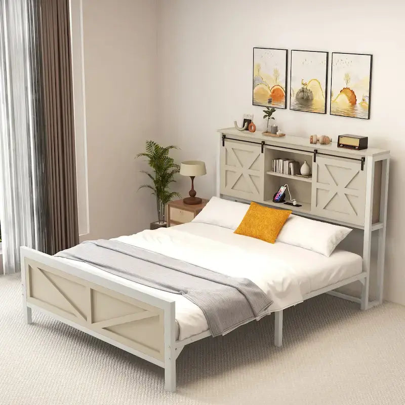 Platform Bed Frame with Bookcase Headboard, Sliding Barn Door & Charging Station, Oak, Farmhouse Style – Queen / King