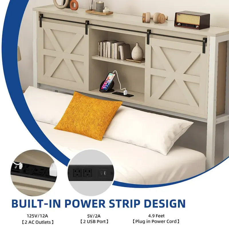 Platform Bed Frame with Bookcase Headboard, Sliding Barn Door & Charging Station, Oak, Farmhouse Style – Queen / King