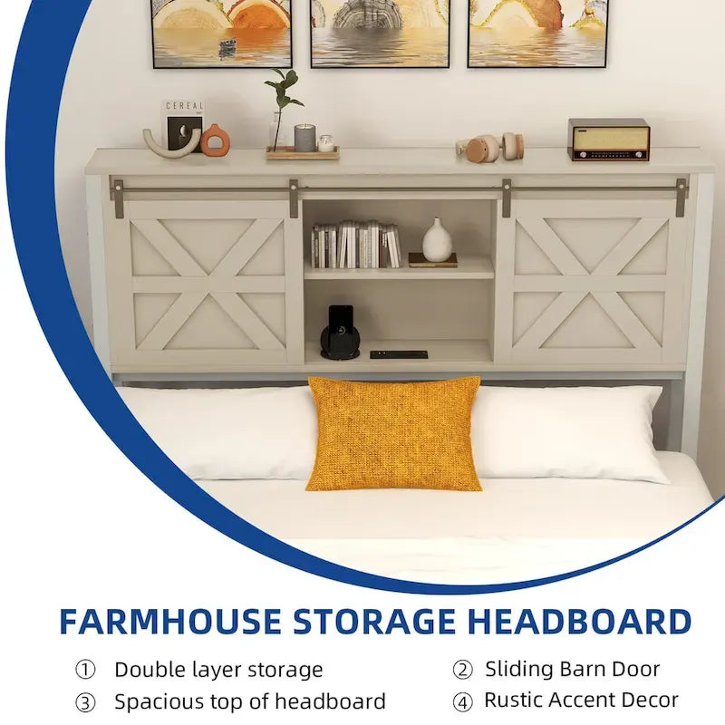 Platform Bed Frame with Bookcase Headboard, Sliding Barn Door & Charging Station, Oak, Farmhouse Style – Queen / King