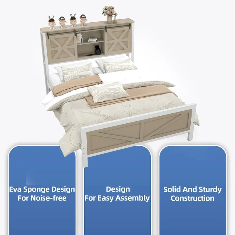 Platform Bed Frame with Bookcase Headboard, Sliding Barn Door & Charging Station, Oak, Farmhouse Style – Queen / King