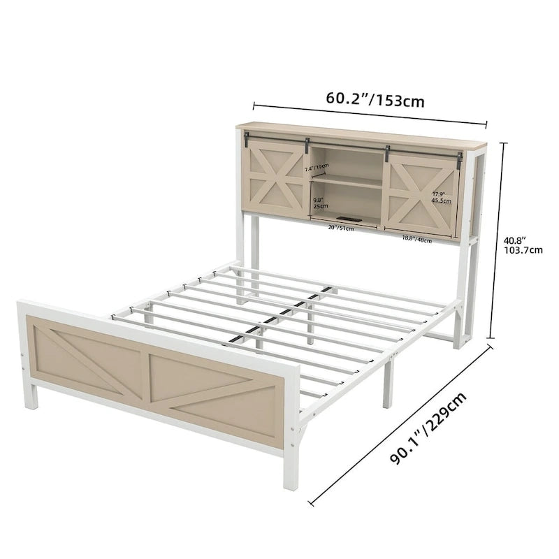 Platform Bed Frame with Bookcase Headboard, Sliding Barn Door & Charging Station, Oak, Farmhouse Style – Queen / King