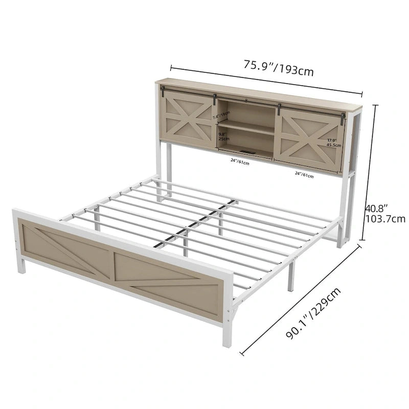 Platform Bed Frame with Bookcase Headboard, Sliding Barn Door & Charging Station, Oak, Farmhouse Style – Queen / King