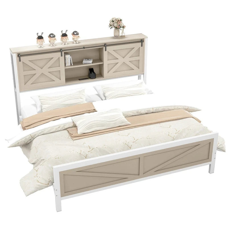Platform Bed Frame with Bookcase Headboard, Sliding Barn Door & Charging Station, Oak, Farmhouse Style – Queen / King