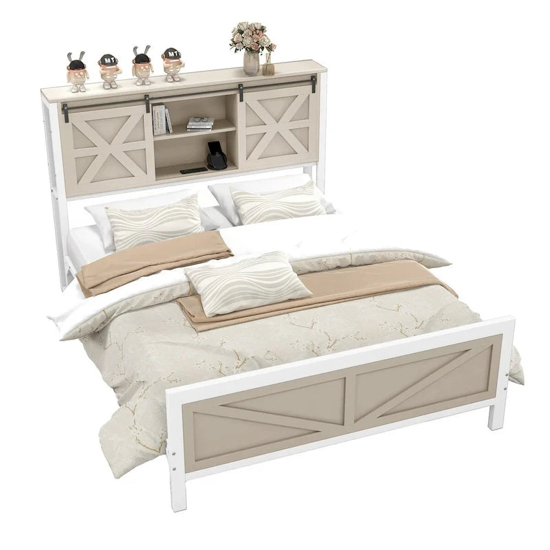 Platform Bed Frame with Bookcase Headboard, Sliding Barn Door & Charging Station, Oak, Farmhouse Style – Queen / King