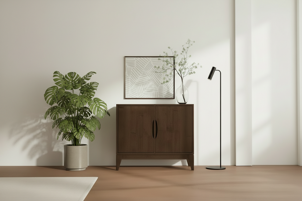 Solid Wood 2-Door Sideboard Buffet Cabinet, Walnut Brown, Mid-Century Modern Style