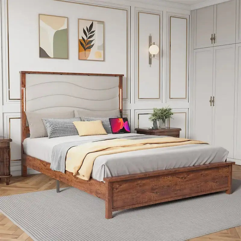 King Size Platform Bed Frame with Upholstered Headboard, LED Light & Charging Station, Brown Grey, Modern Style