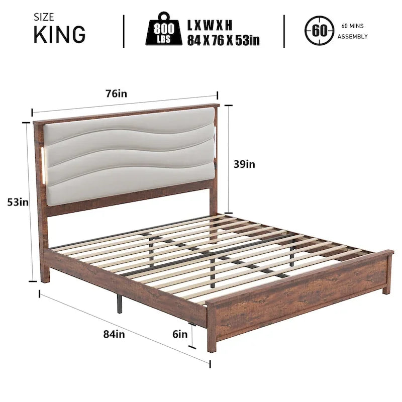 King Size Platform Bed Frame with Upholstered Headboard, LED Light & Charging Station, Brown Grey, Modern Style