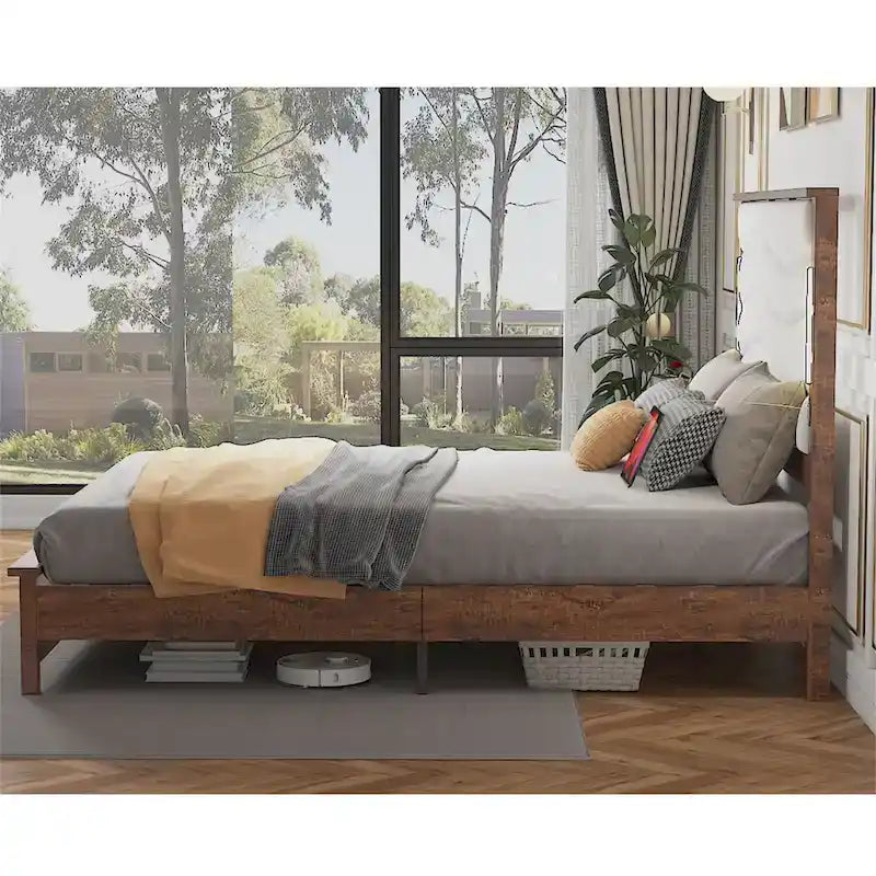 King Size Platform Bed Frame with Upholstered Headboard, LED Light & Charging Station, Brown Grey, Modern Style