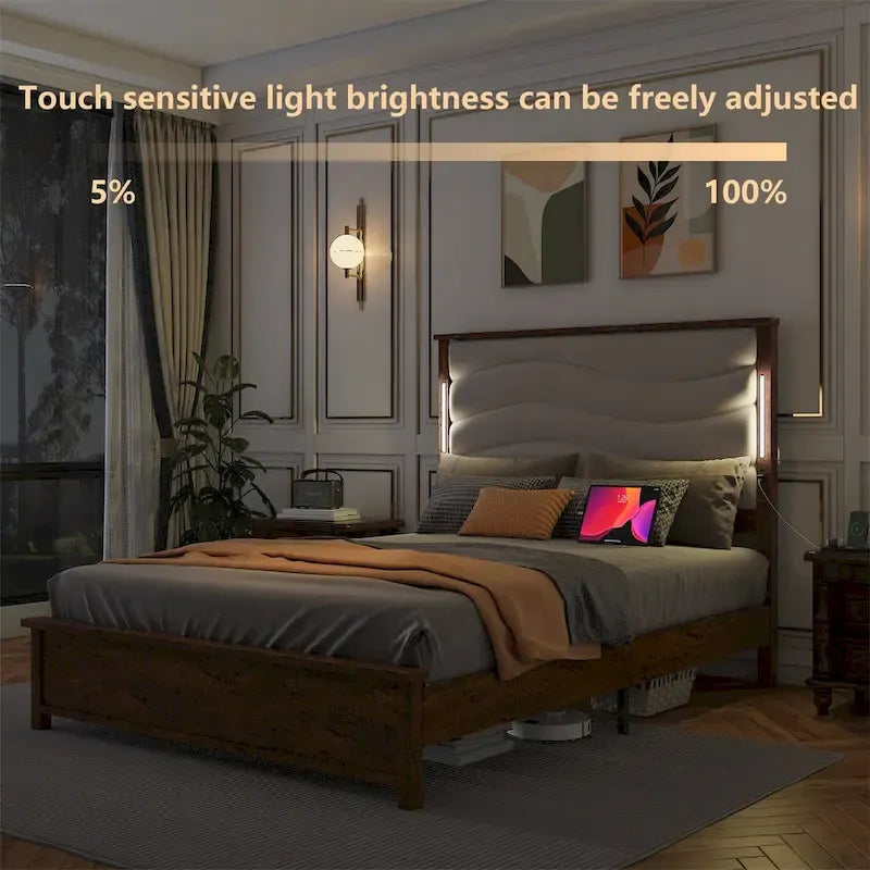King Size Platform Bed Frame with Upholstered Headboard, LED Light & Charging Station, Brown Grey, Modern Style