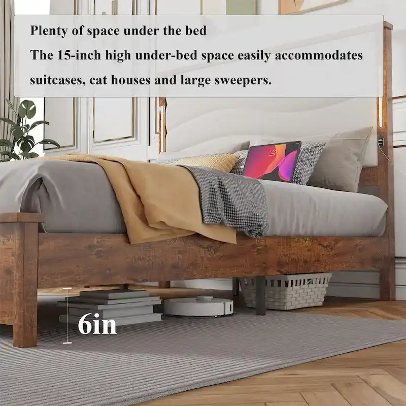 King Size Platform Bed Frame with Upholstered Headboard, LED Light & Charging Station, Brown Grey, Modern Style
