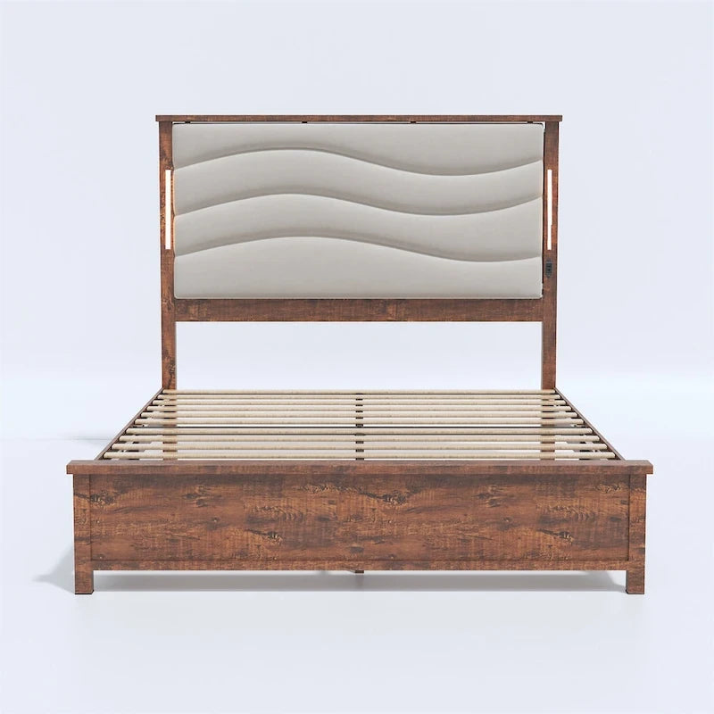 King Size Platform Bed Frame with Upholstered Headboard, LED Light & Charging Station, Brown Grey, Modern Style