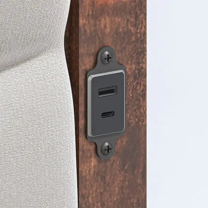 King Size Platform Bed Frame with Upholstered Headboard, LED Light & Charging Station, Brown Grey, Modern Style